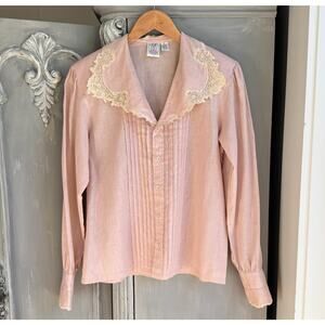 Vintage JG Hook Pink Linen Lace Collar Blouse Cottagecore Size 6